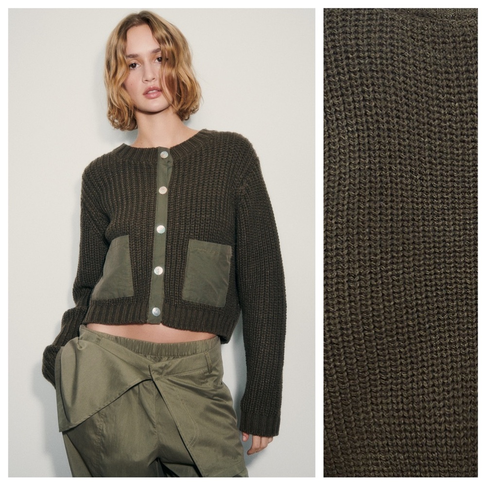 Zara Dark Khaki Combination Knit Cardigan with Pockets. Size S.